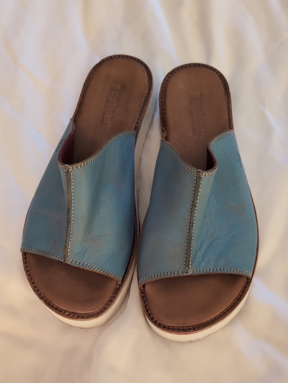 Bed:Stu Fairlee II Baby Blue Leather Platform Slide Sandals Size 9